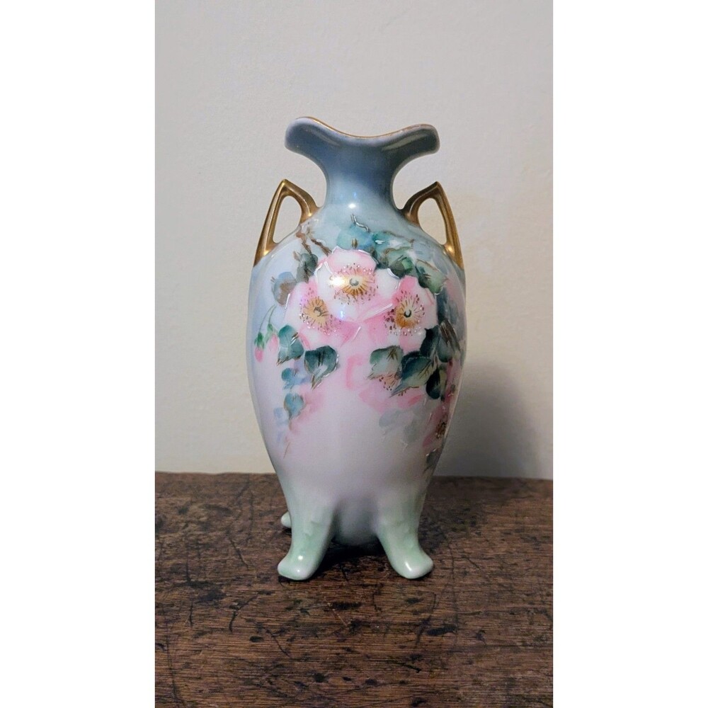 Antique Hand Painted Porcelain Footed Vase - Pink Wild Roses & Gold Gilt 6"